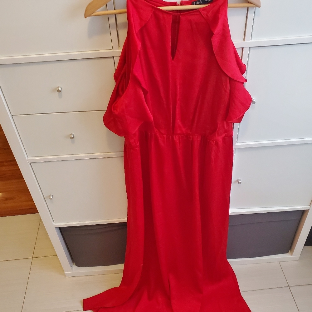 Long red dress with white pearl netted cardigan.